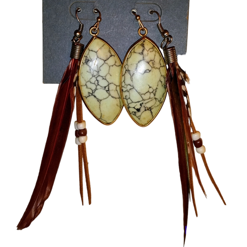Set of (2) Pairs Stones, Feathers, and Beads Women's Drop Earrings, Blue, Brown